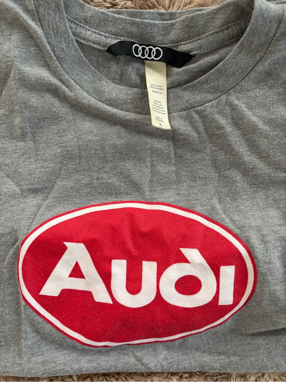 Audi Men's Short Sleeve Tee in Grey with Red Logo (Unisex) Tight Fitted